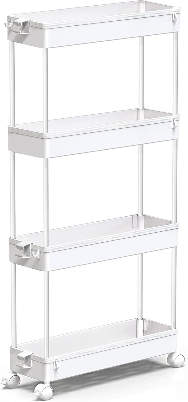 SPACEKEEPER 4-Tier Slim Rolling Storage Cart – White, Mobile Organizer
