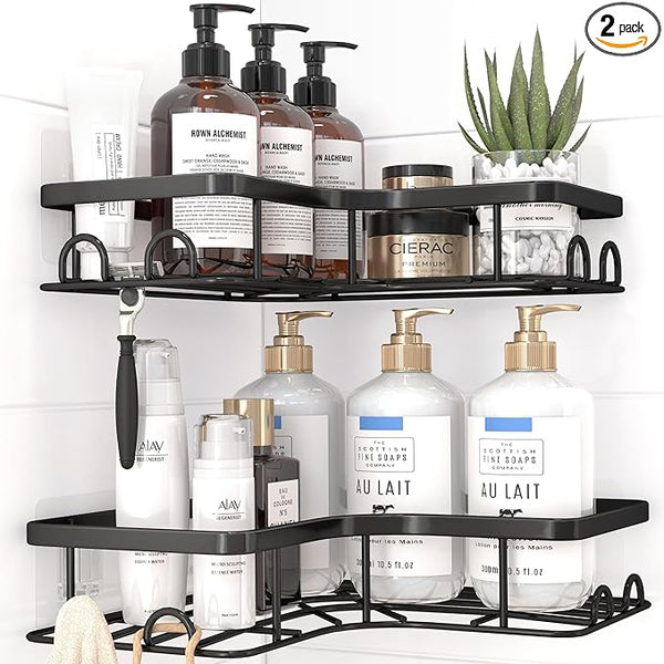 Sakugi Corner Shower Caddy – 2 Pack, Adhesive, Rustproof (Black)